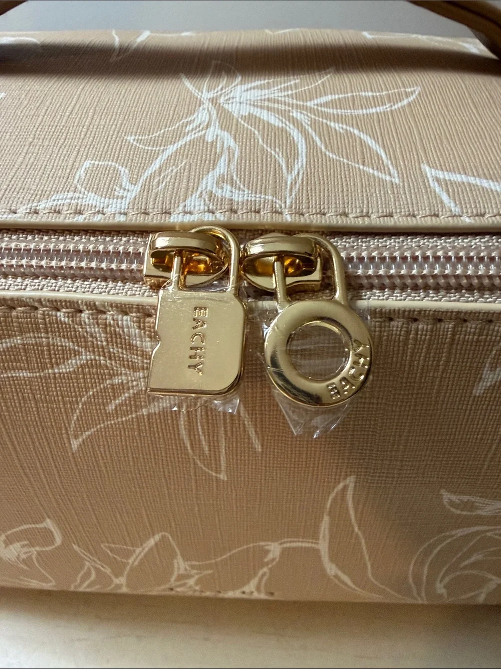 Beige Floral Cosmetic Case with Tan Handle